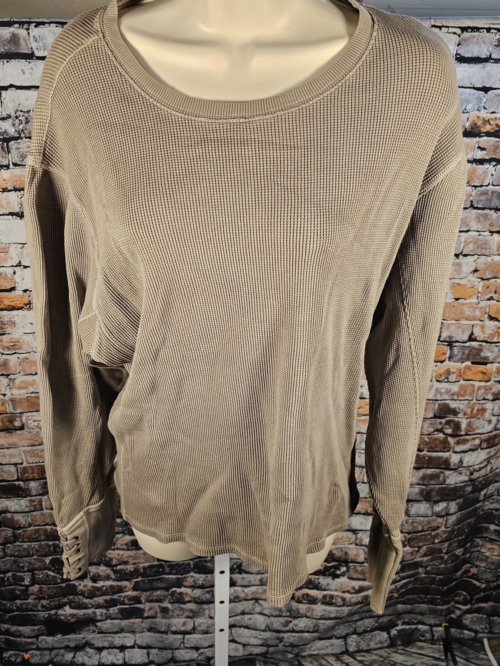 We The Free Free People Fossil Dust Thermal Top Large Waffle Knit Lace Up Sleeve